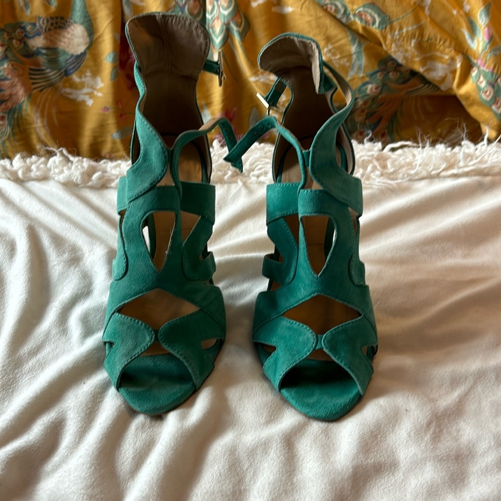 Teal high heeled sandals; gently worn.